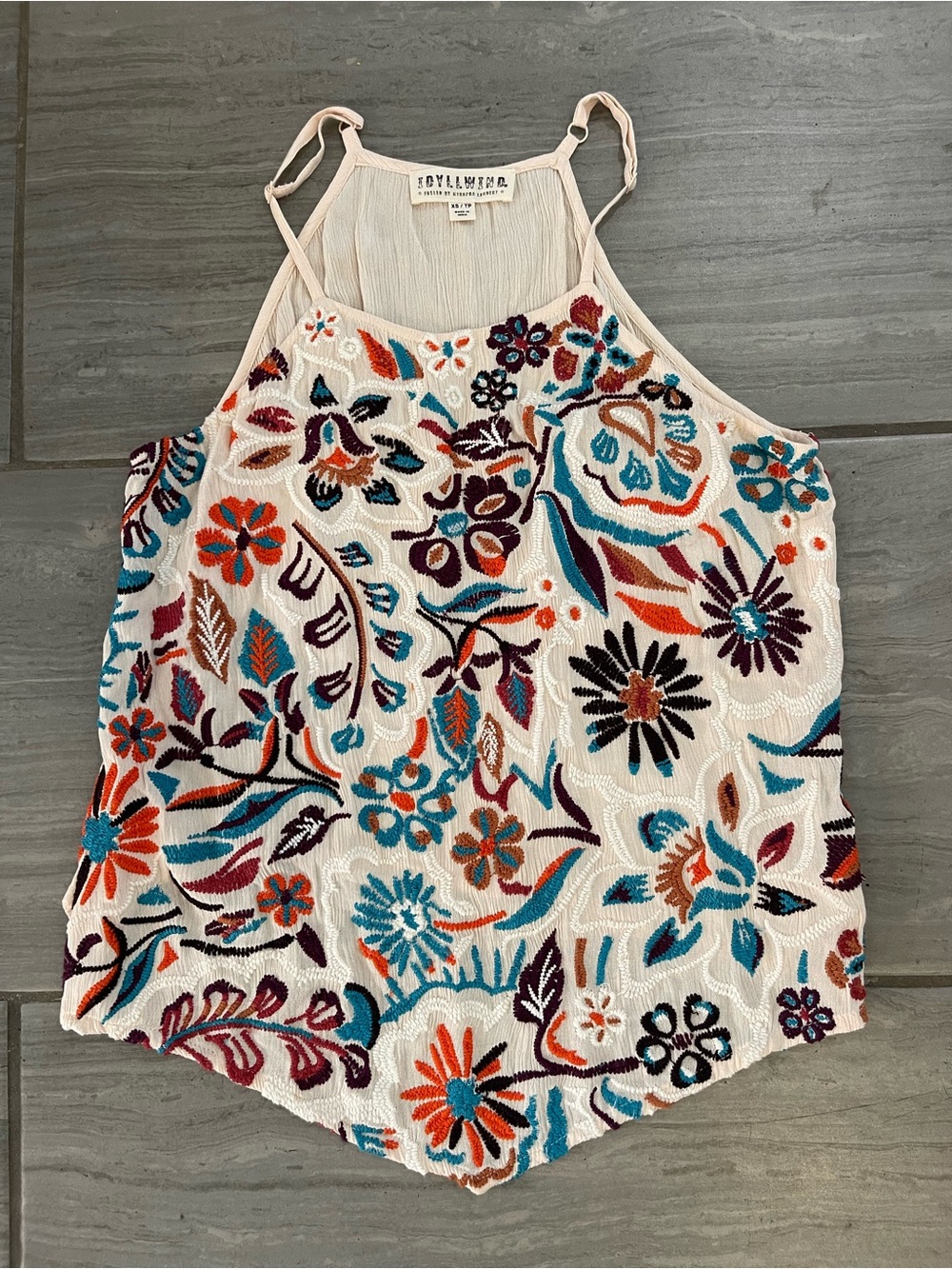 Idyllwind Ivory Tank Top with Multicolor Floral Embroidery